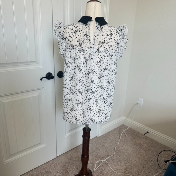 Cece Black White Floral print Sleeveless Collar Blouse Casual Tops M - Picture 5 of 6